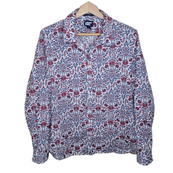 Lands' End | Red & Navy Floral Button Front No Iron Shirt Womens Size 16 - Picture 1 of 5